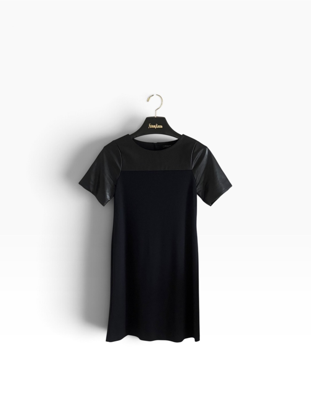 Ann Taylor Black Ponte Short-Sleeve Shift Dress with Faux Leather Sleeves